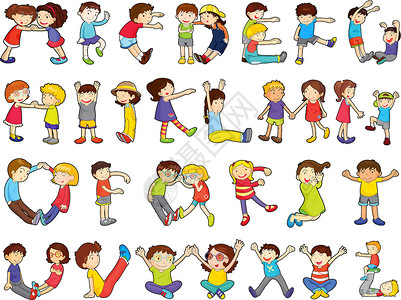 不同姿势小孩儿童活动中的字母表女孩女性意义字体英语教育团体脚本卡通片姿势设计图片