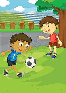 足球公园标准杆足球植物姐姐女孩兄弟团队学校女性院子幼儿园男孩们插画