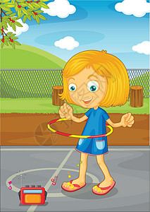玩呼啦圈的小女孩在标准杆上跳舞学校植物栅栏校园院子法庭音乐女性立体声歌曲插画