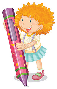 紫色裙装小女孩拿着铅笔的女孩女士粉色学习草图头发蜡笔金色紫色教育绘画设计图片