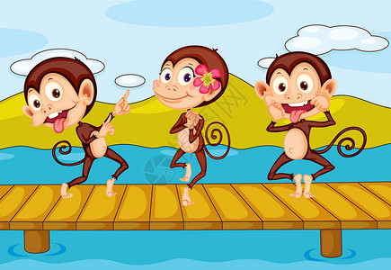 跳舞的猴子3只猴子港口哺乳动物木板码头插图朋友们木头厚脸海洋好朋友插画