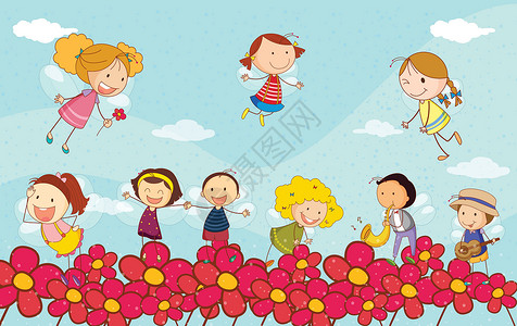 花丛中小孩播放中幸福漂浮空气卡通片天堂蓝色女孩男生享受小说设计图片