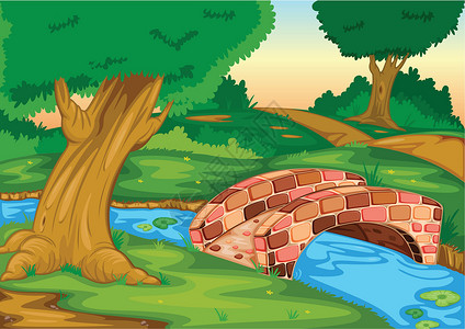 阿勇河桥石头百合绿色国家风景卡通片森林岩石溪流场景插画