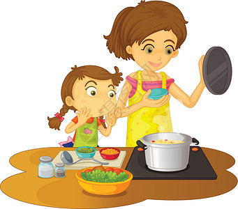 烹煮妈妈火炉蔬菜孩子们女儿女性卡通片母亲插图帮助背景图片