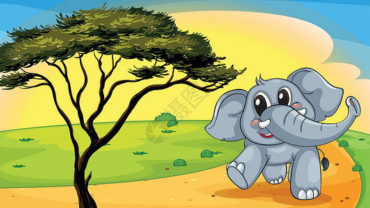 比丘特树下大象绘画乐趣植物象科晴天活动哺乳动物日落农村太阳设计图片