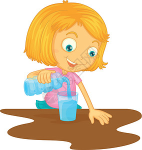 手拿水壶倒水一个女孩往玻璃杯里倒水金色女性果汁女士头发卡通片空格处液体桌子草图插画