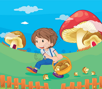 蘑菇卡通片瞳孔院子花园孩子们公园男人栅栏朋友篮子背景图片