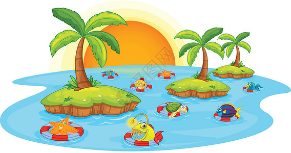 里格岛池塘里的鱼树木游泳空格处日出棕榈海洋荒野海星绿色草图设计图片