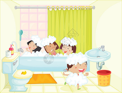 南家三姐妹洗澡时间女孩们洗手间卡通片瓷砖淋浴盆地房间女孩兄弟姐妹友谊设计图片
