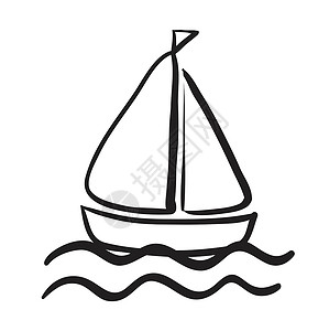 海线条船草图海洋草图运输航行绘画车辆帆波波浪数字旅行插画