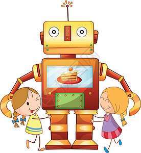 机器人采草莓女孩和机器人面粉牛奶糕点奶油草图女士跳舞孩子电子产品享受插画