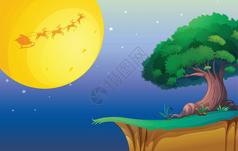 如驯鹿和树月亮和树场景树干旅行星星驯鹿草地灌木悬崖卡通片雪橇设计图片