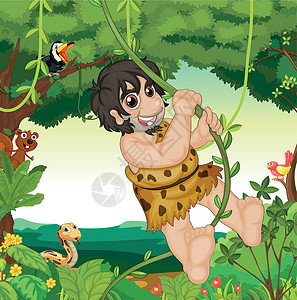 丛林秋千动物鸟和妈妈丛林荒野男人藤蔓孩子们动物群植物微笑男生松鼠设计图片