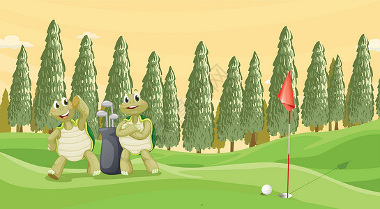 高尔夫培训浮度植物乌龟农场草地绘画场景高尔夫球动物享受旗帜设计图片