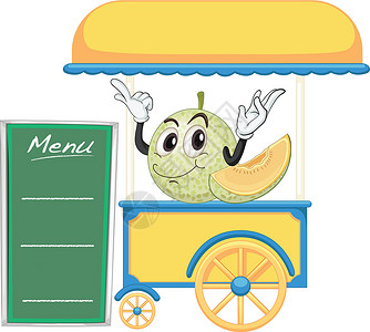 一个手推车摊位和一个水果车辆活动木板轮子菜单白色大排档框架阴影绿色背景图片