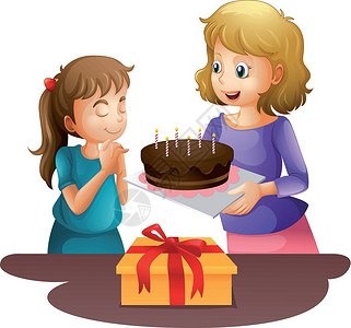 3个女儿一个母亲和一个女儿微笑巧克力蜡烛女性食物可可孩子们生日礼物家庭插画