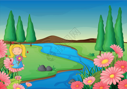 汇爱成河自然界中的女孩灌木野餐动物群植物群天空树木女性孩子们溪流女士插画