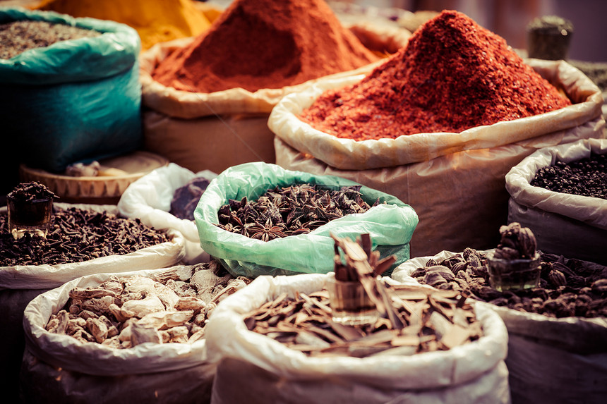 印度传统香料市场 印度美食情调销售胡椒异国草本植物烹饪文化红辣椒零售图片