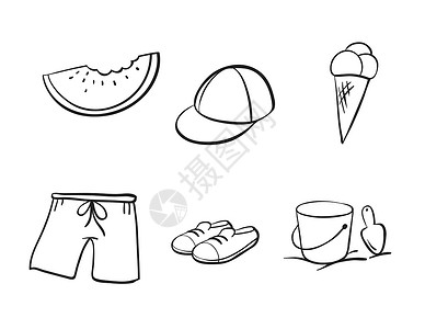 各种物体的草图线条冰淇淋短裤西瓜黑色帽子绘画剪贴工作裤子背景图片