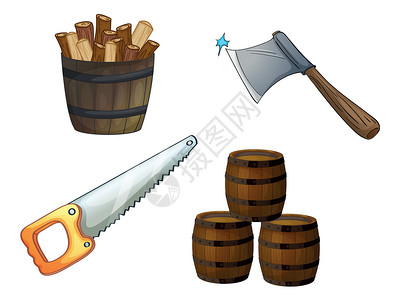 木头桶各种对象木工木制品职业工具斧头绘画木头材料卡通片团体插画
