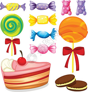 甜蛋糕各种糖果食物艺术丝带食品孩子们装饰卡通片塑料蛋糕童年插画