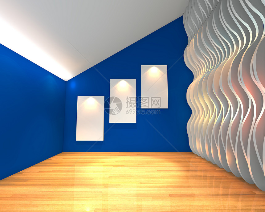 蓝色墙壁波画廊推介会博览会工作室建筑学框架反射博物馆插图边界房间图片