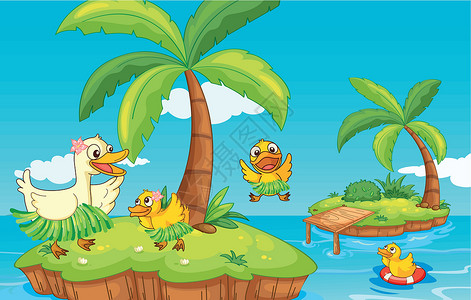 岛上的鸭子和小鸭子绘画家庭海洋鸟类享受救生圈天空树叶婴儿戏服背景图片