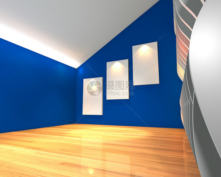 蓝色墙壁波画廊木地板博览会创造力横幅建筑学大厅地面帆布反射展览图片