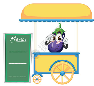 一个手推车摊位和一个水果菜单盐水字母活动阴影蔬菜大排档食品轮子柜台背景图片