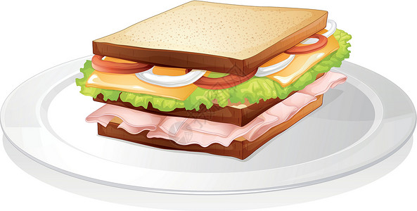 火腿小吃面包三明治火腿绘画剪贴午餐食物蔬菜洋葱盘子早餐营养插画