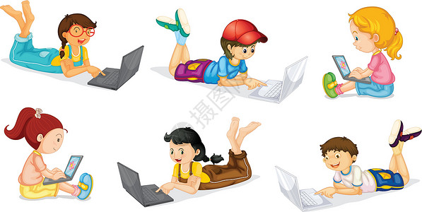 坐着男孩女孩笔记本电脑和孩子绅士们团体沟通屏幕记忆技术男性键盘乐器男人设计图片