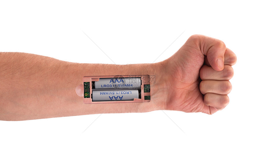 机器人  将电池插入手臂皮肤指纹力量男人手指身份交流电充值解剖学电子产品图片