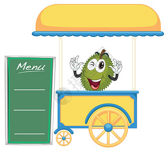 西餐餐盖一个手推车摊位和一个菠萝蜜食物轮子字母广告活动绘画眼睛阴影水果红盖插画