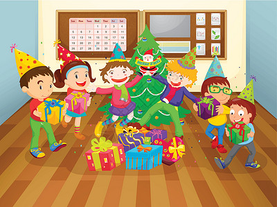 圣诞节日历教室里的孩子们庆典盒子节日房间女孩绘画包装教育日历男生设计图片