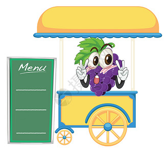 一个手推车摊位和一个水果菜单柜台聊天大排档食品白色绿色绘画字母阴影背景图片