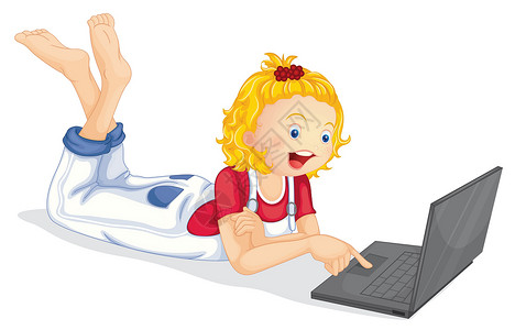 躺着吃瓜的女孩笔记本电脑和女孩说谎技术监视器女性电子产品学习鼠标垫草图进步卡通片设计图片
