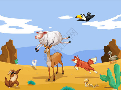 沙漠巨角羊各种动物山羊蓝色天空沙丘狐狸衬套植物绘画跳跃哺乳动物设计图片