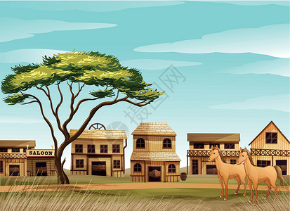 印花布鬼镇马和房子蓝色建造谷仓阴影木头天空庇护所哺乳动物场景马匹插画
