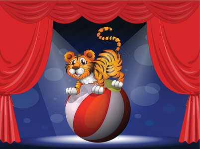 红色窗帘边框马戏团里的老虎插画