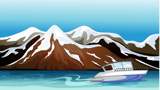 雪水一艘船 一条河流和一座美丽的山插画