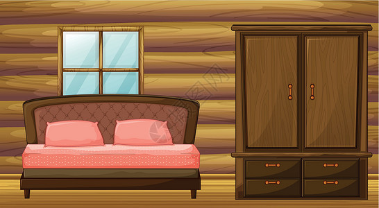 木制床床和衣橱插画