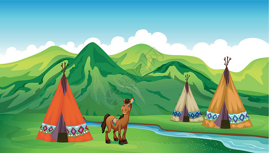 单塔帐篷帐篷和一匹微笑的马插画