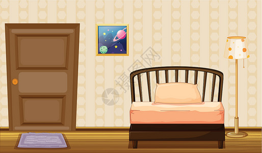 简单卧室一床一灯绘画装饰出口抛光家具父母房子枕头床垫庇护所插画