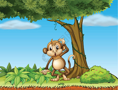 思维树大树下面的猴子插画