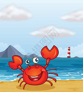 海姆斯海滩海边的螃蟹爪子棕榈蓝色触角建筑支撑绘画口舌食物甲壳插画