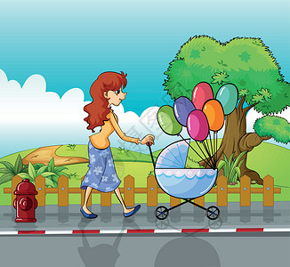 气球路引女人和孩子的婴儿乳房气球草地剪贴女孩卡通片童年消防栓风景绘画绿色植物设计图片