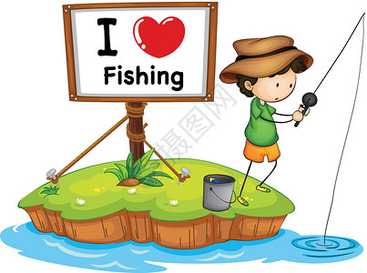 坐着钓鱼的男孩一个男孩和一个水白色绘画钓鱼植物群动物群孩子展示草地字母木板插画