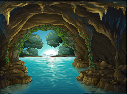 崩落洞穴和泉水海浪爬坡流动风景天空阳光叶子植物溪流绘画设计图片