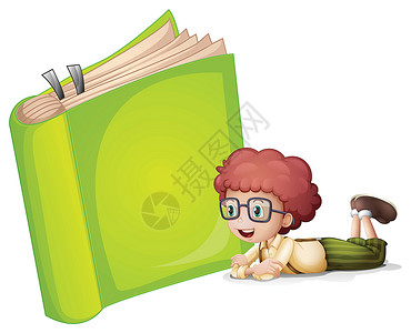 绿色瞳孔一个女孩躺在一本书的旁边插画