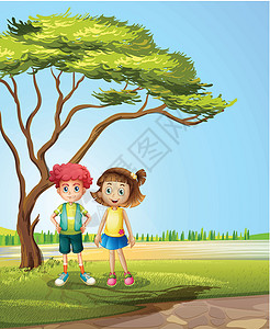 南汇嘴观海公园一个女孩和一个男孩 靠近一棵大树设计图片